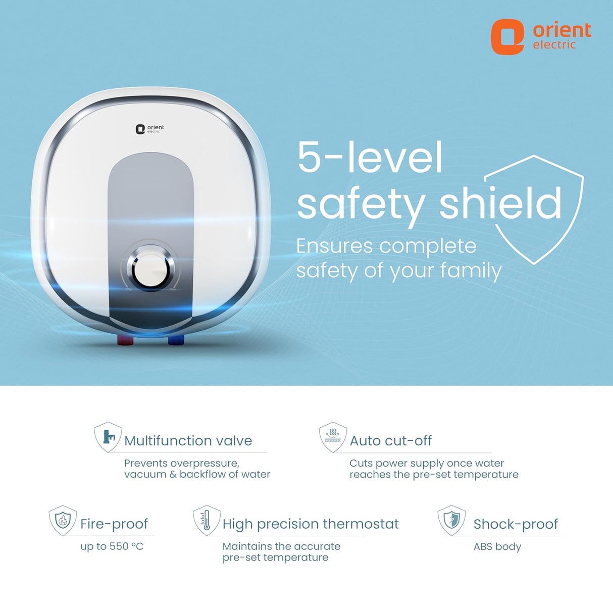 Orient Decrite 5-level safety shield water heater in white and silver, shown on a light blue background with product features and benefits listed below.