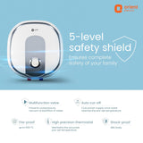 Orient Decrite 5-level safety shield water heater in white and silver, shown on a light blue background with product features and benefits listed below.