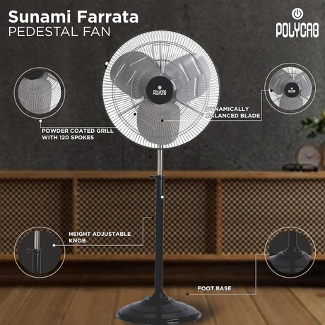 Sunami Farrata pedestal fan with features highlighted on a dark background