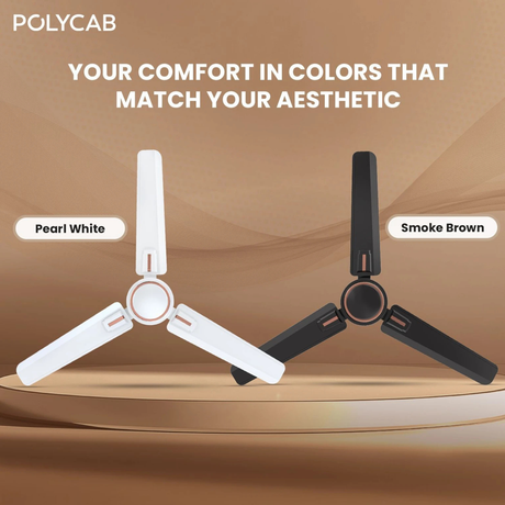 Two ceiling fans, one pearl white and one smoke brown, on a brown background with Polycab branding.