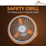 Safety grill for fans with RR Signature branding on a brown background