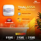 Advertisement for Thalassa 10L storage water heater with features and warranty information on an orange background.
