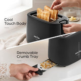 This toaster comes in cool touch body and removable crumb tray 