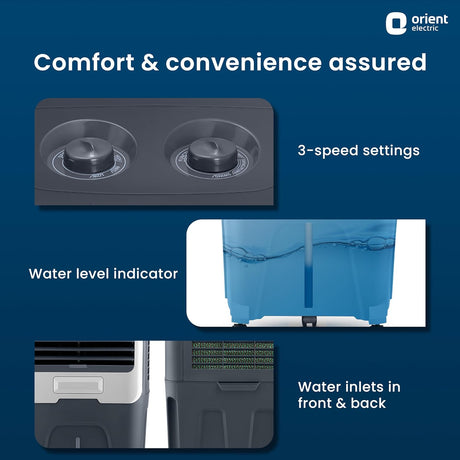 Orient Electric Tornado 65L has Comfort and Convience assured with 3-Speed Settings , water levek indicator and Water inlets in front & Back 