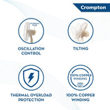 A promotional graphic for Crompton fans showing four feature callouts on a white background: oscillation control, tilting, thermal overload protection, and 100% copper winding. The Crompton brand name appears in a blue banner at the top right.
