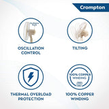 Crompton fan features including oscillation control, tilting, thermal overload protection, and 100% copper winding on a white background.
