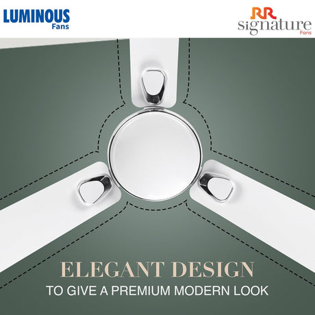 Ceiling fan with Luminous and RR Signature branding on a green background