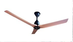 A three-blade ceiling fan with light brown wooden blades and a black central motor housing, shown against a plain white background.