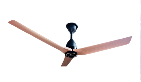 A three-blade ceiling fan with light brown wooden blades and a black central motor housing, shown against a plain white background.