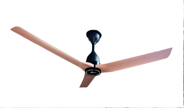A three-blade ceiling fan with light brown wooden blades and a black central motor housing, shown against a plain white background.