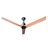 A three-blade ceiling fan with light brown wood-grain blades and a matte black central motor housing, shown against a plain white background.