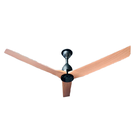 A three-blade ceiling fan with light brown wood-grain blades and a matte black central motor housing, shown against a plain white background.