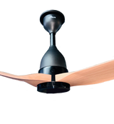 A modern ceiling fan with matte black metal housing and light wood blades, shown against a plain white background.