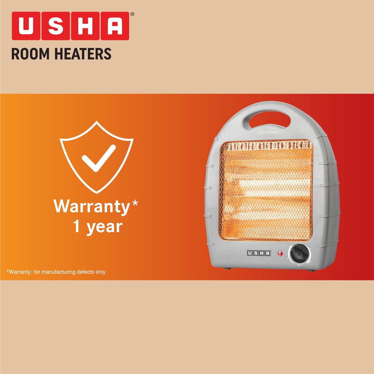 Usha 4002 800-Watt 2 Rod Halogen Heater with Safety Mesh (Grey)