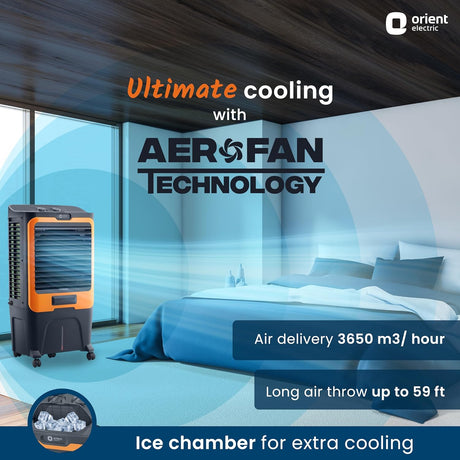 This cooler comes with ultimate cooling with aerofan technology which delivers air 3650m3/hour and a long air throw upto 59ft and a ice chamber for extra cooling 