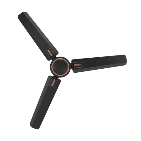 Black ceiling fan with three blades on a white background