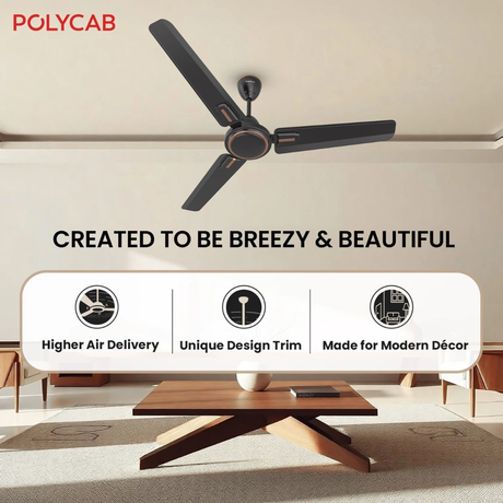 Ceiling fan in a room with Polycab branding and product features listed.