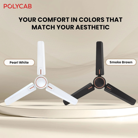 Two ceiling fans in Pearl White and Smoke Brown on a beige background with Polycab branding.