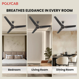 Ceiling fans in a bedroom, living room, and dining room with Polycab branding.