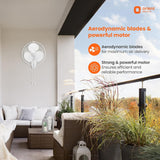 Wall-mounted fan in a modern outdoor living space with promotional text about aerodynamic blades and powerful motor.