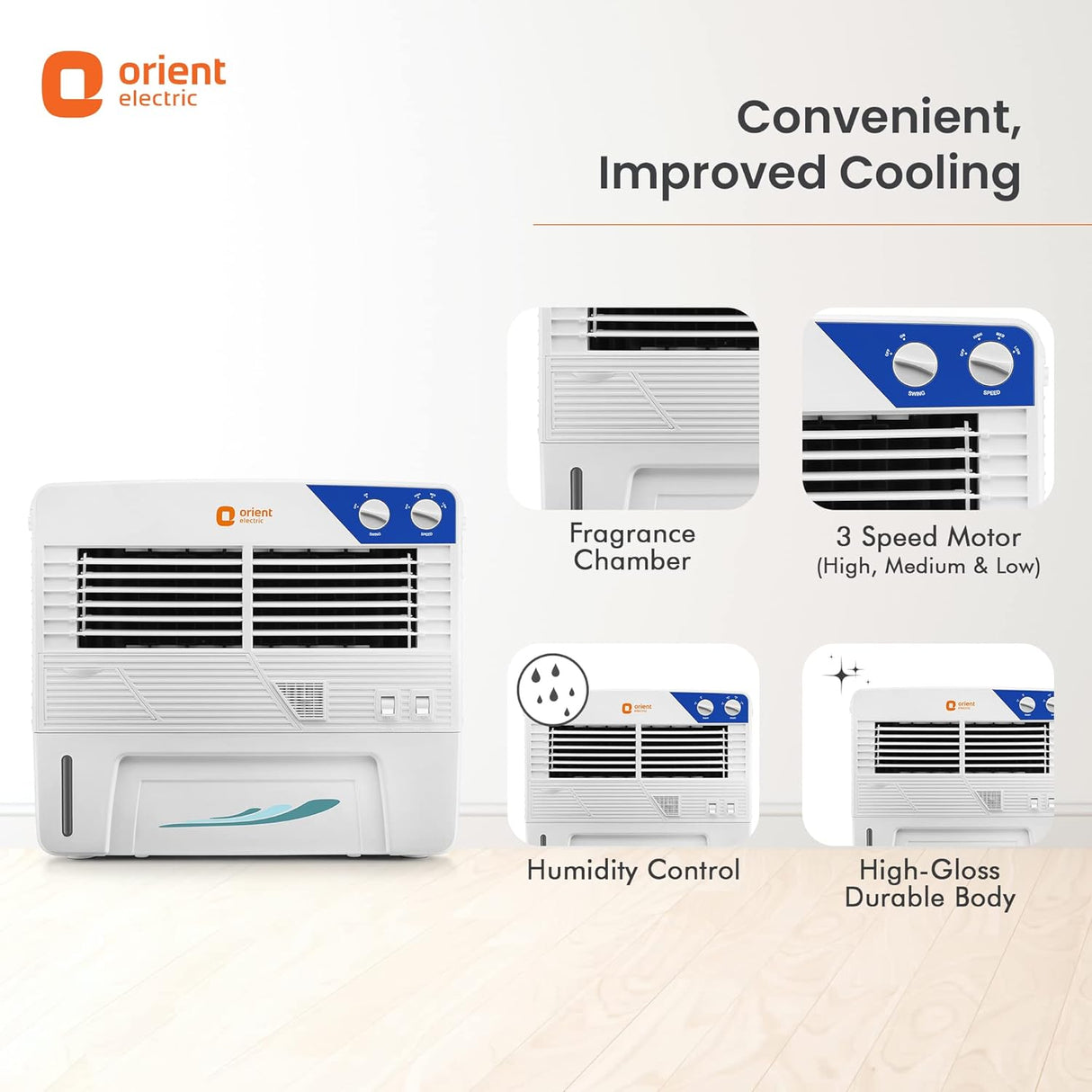 Orient Electric air cooler with features highlighted on a white background