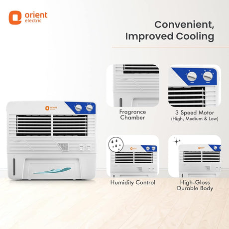 Orient Electric air cooler with features highlighted on a white background