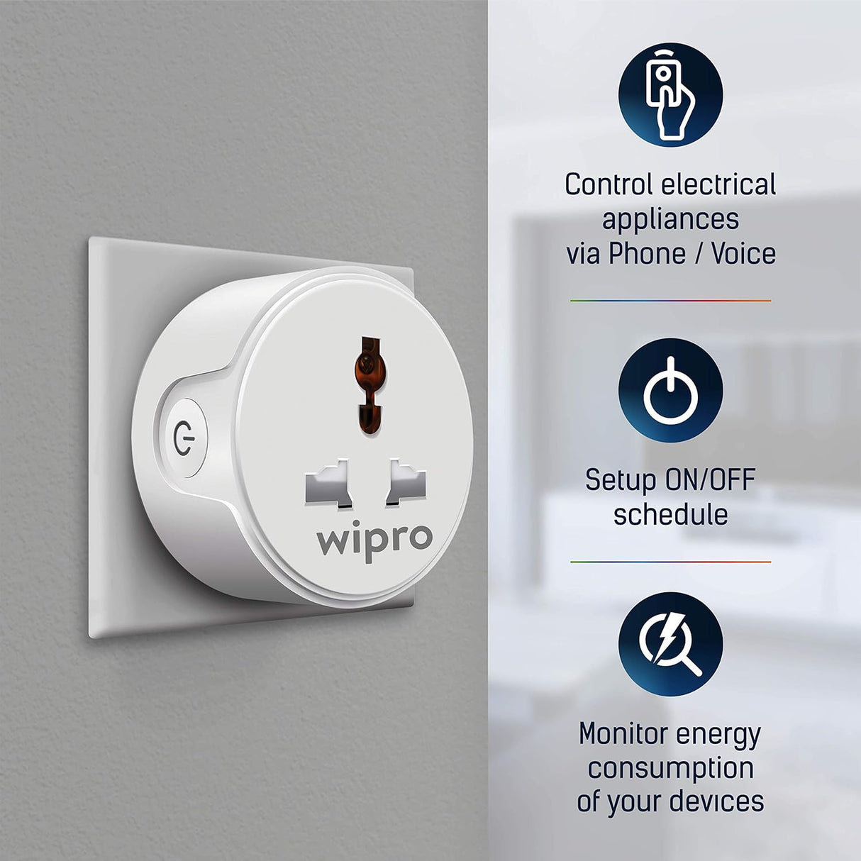 Wipro 10A Wi-Fi Smart Plug with Energy Monitoring (Works with Alexa and Google Assistant)- White