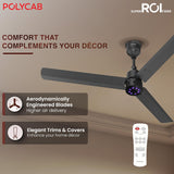Ceiling fan with remote control on a brown background, featuring Polycab branding.