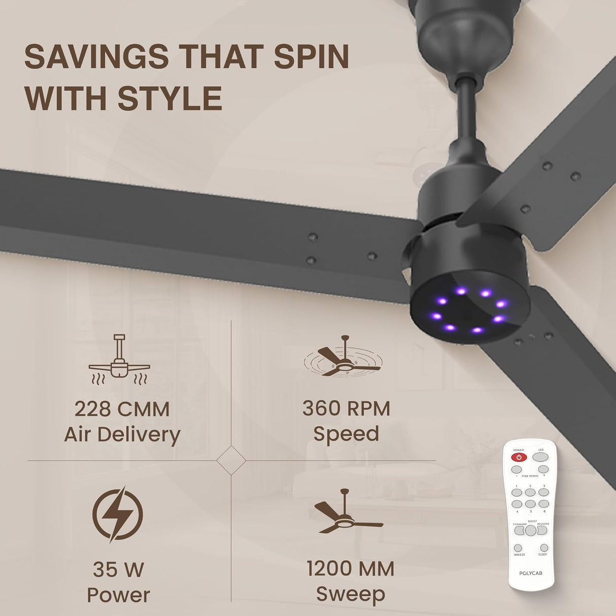 Ceiling fan with remote control on a beige background, featuring text about savings and product features.