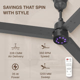 Ceiling fan with remote control on a beige background, featuring text about savings and product features.