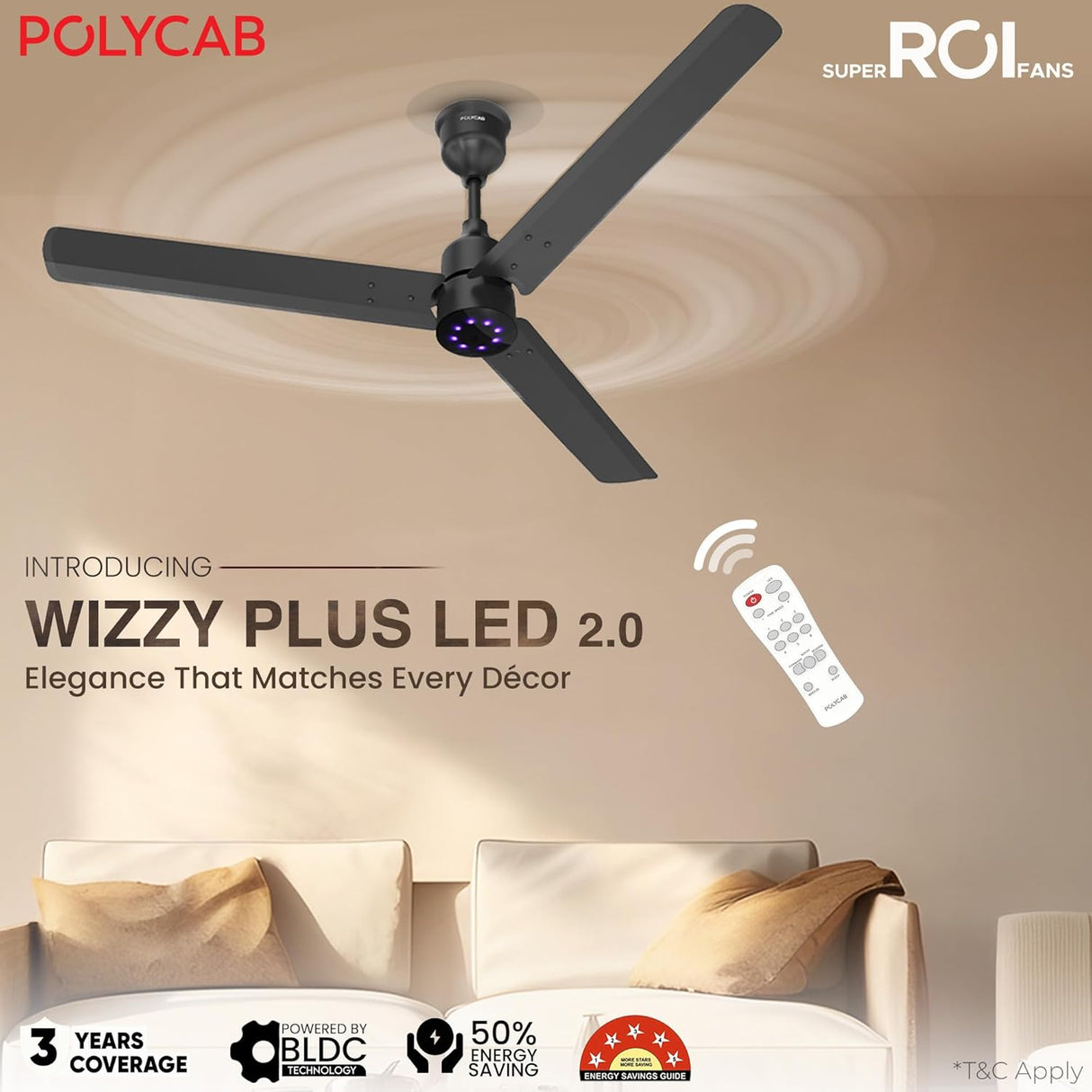 Ceiling fan with remote control on a beige wall, featuring POLYCAB branding.