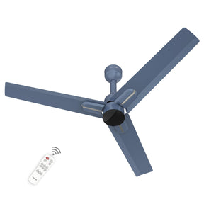 A 1200mm high speed BLDC ceiling fan in blue silver color, with a remote control visible in the foreground.