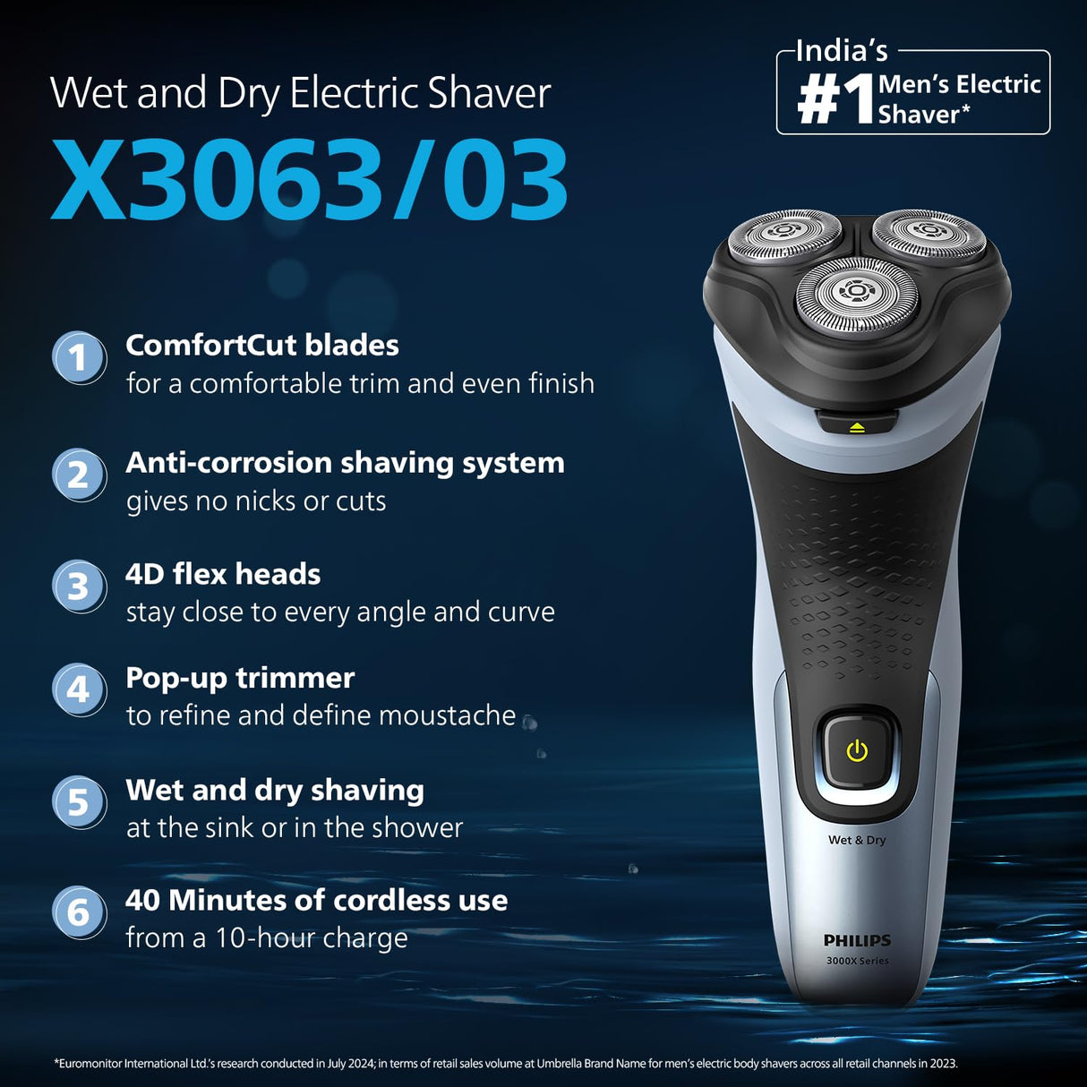 Philips X3063/03 Wet and Dry Shave Electric Cordless Shaver for Men Waterproof