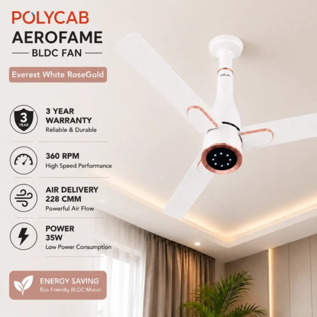 White and rose gold Polycab Aerofame BLDC ceiling fan shown installed in a modern room, with product specifications and warranty details listed on the left side.