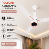 White and rose gold Polycab Aerofame BLDC ceiling fan shown installed in a modern room, with product specifications and warranty details listed on the left side.