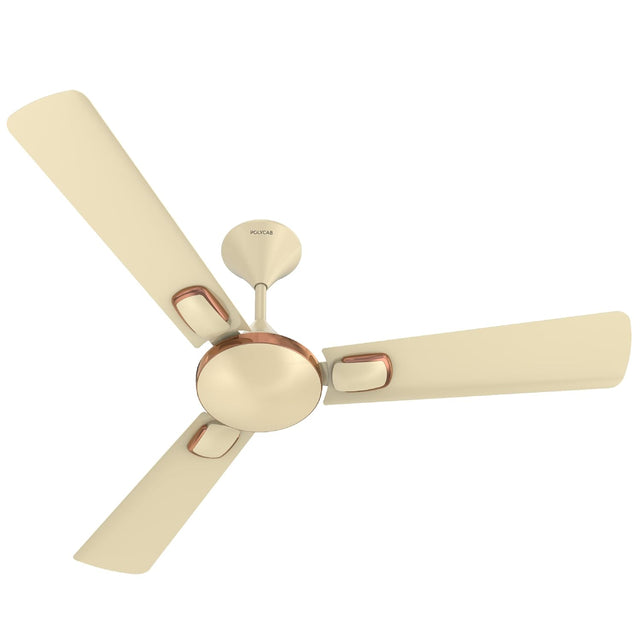 Ceiling fan with beige blades on a white background