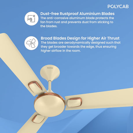 Ceiling fan with POLYCAB branding and text about dust-free rustproof blades and broad blade design.