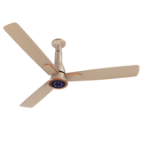 A modern three-blade ceiling fan with a brushed gold metal finish and integrated LED light, shown against a plain white background.
