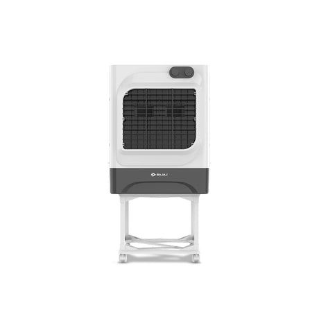 A white Bajaj desert air cooler with Typhoon Blower Technology, featuring a black honeycomb pattern on the front grill and a transparent water tank at the bottom.
