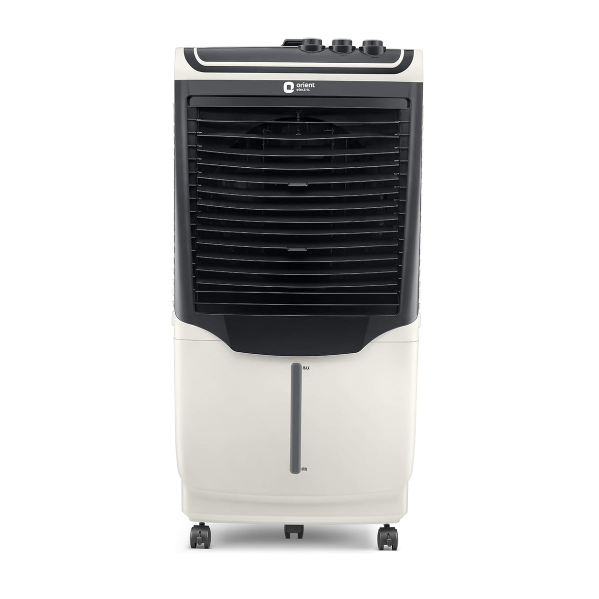  Orient Electric Avante 90 Litre Desert Air Cooler with white & grey color, featuring castor wheels for mobility and an ice chamber on the top front.