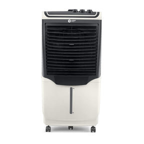  Orient Electric Avante 90 Litre Desert Air Cooler with white & grey color, featuring castor wheels for mobility and an ice chamber on the top front.