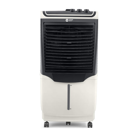 Orient Electric Avante 90 Litre Desert Air Cooler with white & grey color, featuring castor wheels for mobility and an ice chamber on the top front.