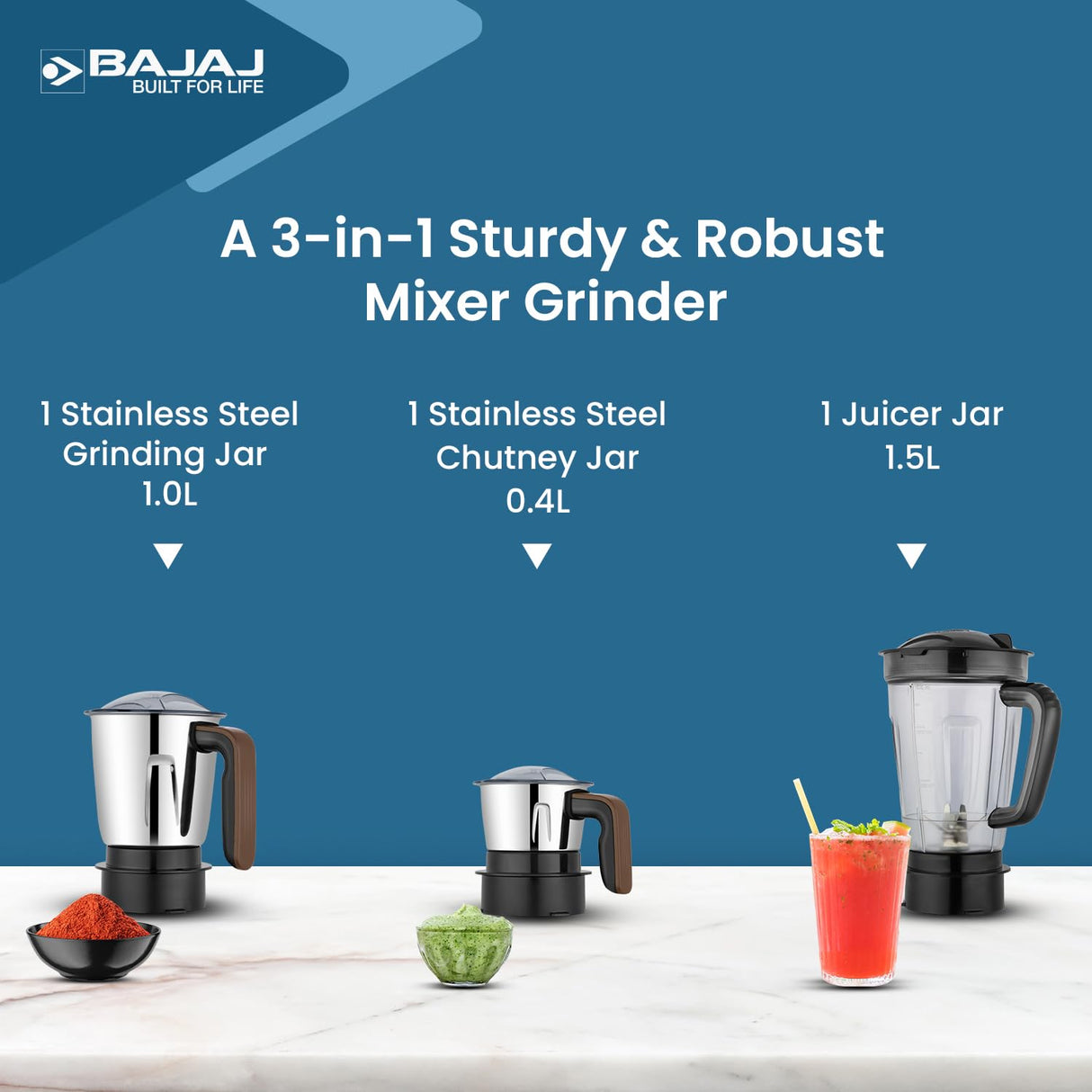 Bajaj Ninja Series Powergrind+ 3 Jars | Powerful 1000W Titan Motor | Mixer Grinder Belgian Chocolate | Black/Chrome