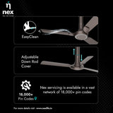Ceiling fan with features highlighted on a black background, including 'EasyClean', 'Adjustable Down Rod Cover', and 'Nex' branding.