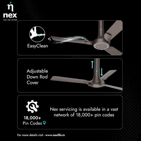 Ceiling fan with features highlighted on a black background, including 'EasyClean', 'Adjustable Down Rod Cover', and 'Nex' branding.