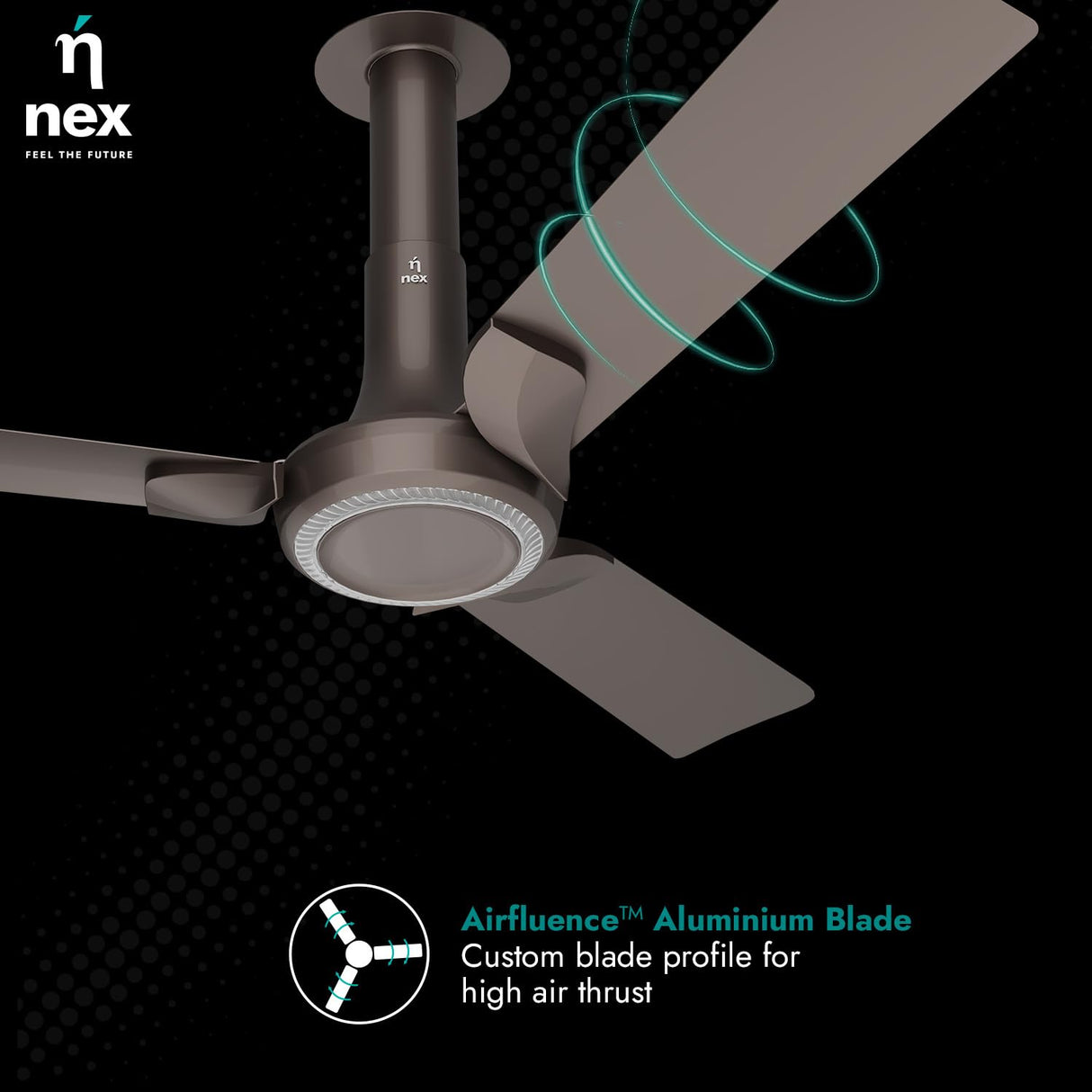Ceiling fan with 'nex' branding and 'Airfluence Aluminum Blade' feature on a dark background