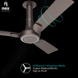 Ceiling fan with 'nex' branding and 'Airfluence Aluminum Blade' feature on a dark background