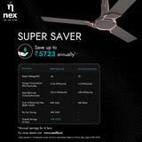 Advertisement for Nex ceiling fan with energy saving benefits on a black background
