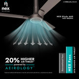 Nex ceiling fan with air thrust illustration and branding on a black background