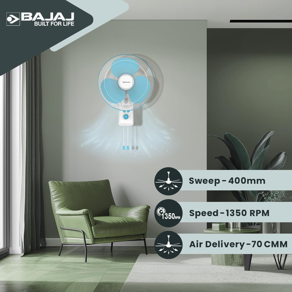 Bajaj Robusto 400MM Oscillating Wall Fan (Icy Blue & White)